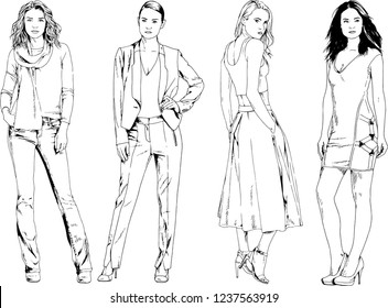 vector drawings on the theme of beautiful slim sporty girl in casual clothes in various poses painted ink hand sketch with no background