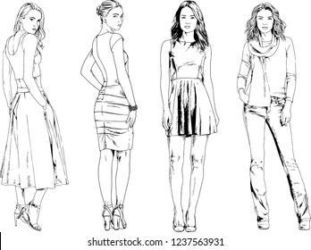 vector drawings on the theme of beautiful slim sporty girl in casual clothes in various poses painted ink hand sketch with no background
