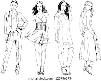 vector drawings on the theme of beautiful slim sporty girl in casual clothes in various poses painted ink hand sketch with no background