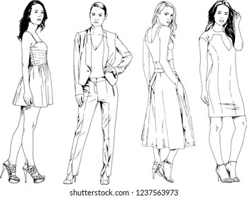 vector drawings on the theme of beautiful slim sporty girl in casual clothes in various poses painted ink hand sketch with no background