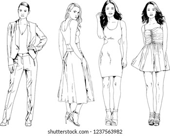vector drawings on the theme of beautiful slim sporty girl in casual clothes in various poses painted ink hand sketch with no background