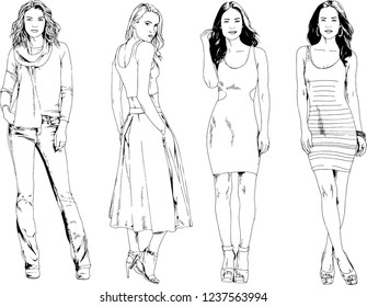 vector drawings on the theme of beautiful slim sporty girl in casual clothes in various poses painted ink hand sketch with no background