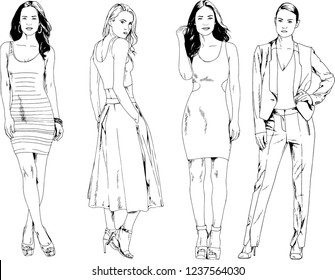 vector drawings on the theme of beautiful slim sporty girl in casual clothes in various poses painted ink hand sketch with no background