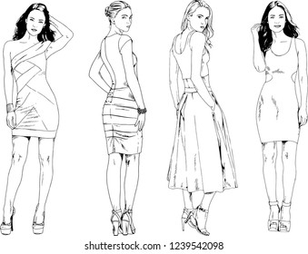 vector drawings on the theme of beautiful slim sporty girl in casual clothes in various poses painted ink hand sketch with no background