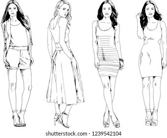 vector drawings on the theme of beautiful slim sporty girl in casual clothes in various poses painted ink hand sketch with no background
