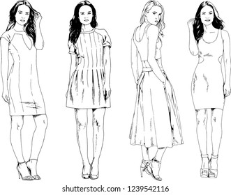 vector drawings on the theme of beautiful slim sporty girl in casual clothes in various poses painted ink hand sketch with no background