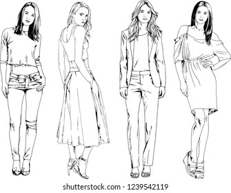 vector drawings on the theme of beautiful slim sporty girl in casual clothes in various poses painted ink hand sketch with no background