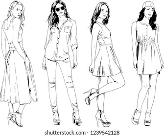 vector drawings on the theme of beautiful slim sporty girl in casual clothes in various poses painted ink hand sketch with no background