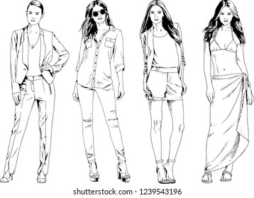 vector drawings on the theme of beautiful slim sporty girl in casual clothes in various poses painted ink hand sketch with no background