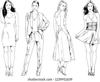 vector drawings on the theme of beautiful slim sporty girl in casual clothes in various poses painted ink hand sketch with no background