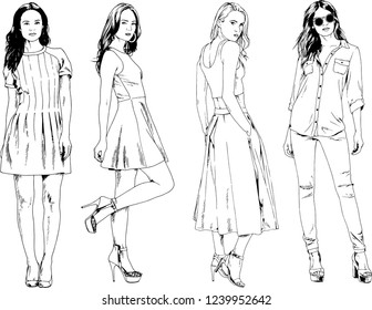 vector drawings on the theme of beautiful slim sporty girl in casual clothes in various poses painted ink hand sketch with no background