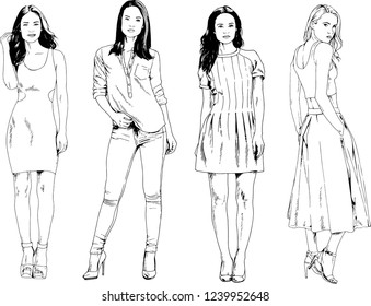 vector drawings on the theme of beautiful slim sporty girl in casual clothes in various poses painted ink hand sketch with no background