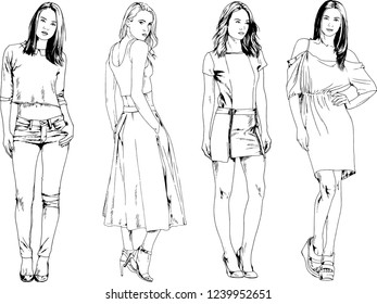 vector drawings on the theme of beautiful slim sporty girl in casual clothes in various poses painted ink hand sketch with no background