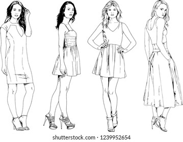 vector drawings on the theme of beautiful slim sporty girl in casual clothes in various poses painted ink hand sketch with no background