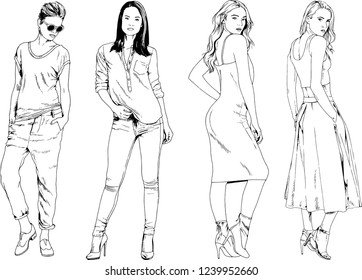 vector drawings on the theme of beautiful slim sporty girl in casual clothes in various poses painted ink hand sketch with no background