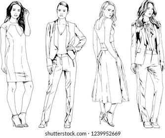 vector drawings on the theme of beautiful slim sporty girl in casual clothes in various poses painted ink hand sketch with no background