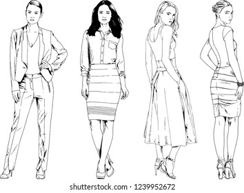 vector drawings on the theme of beautiful slim sporty girl in casual clothes in various poses painted ink hand sketch with no background