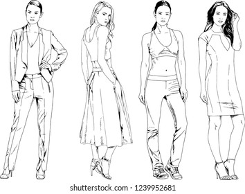 vector drawings on the theme of beautiful slim sporty girl in casual clothes in various poses painted ink hand sketch with no background