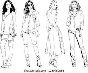 vector drawings on the theme of beautiful slim sporty girl in casual clothes in various poses painted ink hand sketch with no background