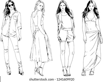 vector drawings on the theme of beautiful slim sporty girl in casual clothes in various poses painted ink hand sketch with no background