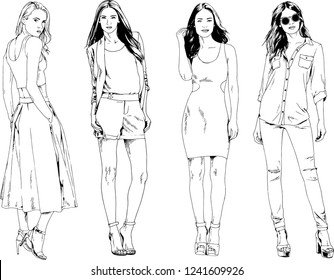 vector drawings on the theme of beautiful slim sporty girl in casual clothes in various poses painted ink hand sketch with no background