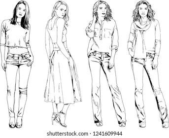 vector drawings on the theme of beautiful slim sporty girl in casual clothes in various poses painted ink hand sketch with no background