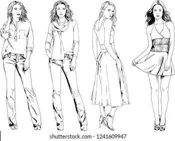 vector drawings on the theme of beautiful slim sporty girl in casual clothes in various poses painted ink hand sketch with no background