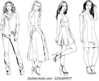 vector drawings on the theme of beautiful slim sporty girl in casual clothes in various poses painted ink hand sketch with no background