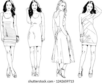 vector drawings on the theme of beautiful slim sporty girl in casual clothes in various poses painted ink hand sketch with no background