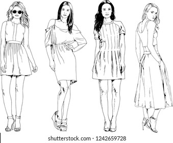 vector drawings on the theme of beautiful slim sporty girl in casual clothes in various poses painted ink hand sketch with no background