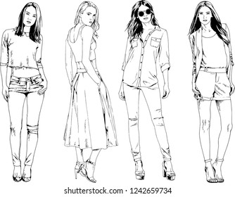 vector drawings on the theme of beautiful slim sporty girl in casual clothes in various poses painted ink hand sketch with no background