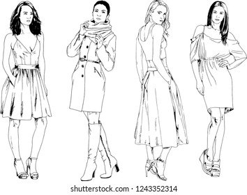 vector drawings on the theme of beautiful slim sporty girl in casual clothes in various poses painted ink hand sketch with no background