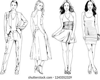 vector drawings on the theme of beautiful slim sporty girl in casual clothes in various poses painted ink hand sketch with no background