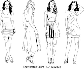 vector drawings on the theme of beautiful slim sporty girl in casual clothes in various poses painted ink hand sketch with no background