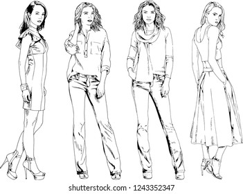 vector drawings on the theme of beautiful slim sporty girl in casual clothes in various poses painted ink hand sketch with no background