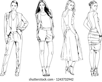 vector drawings on the theme of beautiful slim sporty girl in casual clothes in various poses painted ink hand sketch with no background