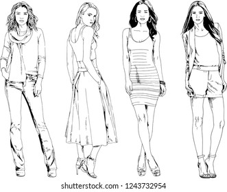 vector drawings on the theme of beautiful slim sporty girl in casual clothes in various poses painted ink hand sketch with no background