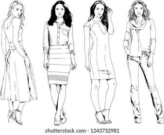 vector drawings on the theme of beautiful slim sporty girl in casual clothes in various poses painted ink hand sketch with no background