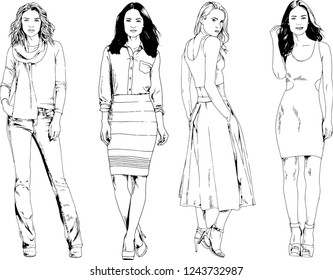 vector drawings on the theme of beautiful slim sporty girl in casual clothes in various poses painted ink hand sketch with no background