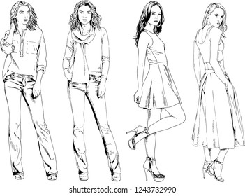 vector drawings on the theme of beautiful slim sporty girl in casual clothes in various poses painted ink hand sketch with no background