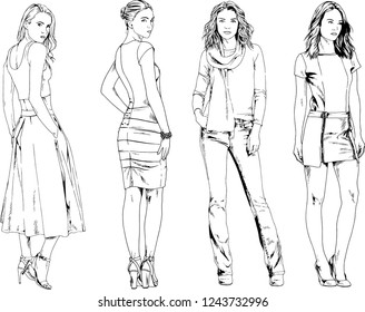 vector drawings on the theme of beautiful slim sporty girl in casual clothes in various poses painted ink hand sketch with no background