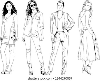 vector drawings on the theme of beautiful slim sporty girl in casual clothes in various poses painted ink hand sketch with no background