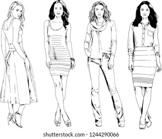 vector drawings on the theme of beautiful slim sporty girl in casual clothes in various poses painted ink hand sketch with no background