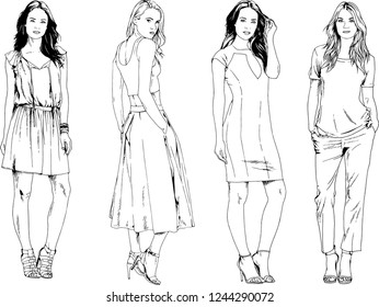 vector drawings on the theme of beautiful slim sporty girl in casual clothes in various poses painted ink hand sketch with no background