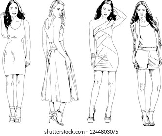 vector drawings on the theme of beautiful slim sporty girl in casual clothes in various poses painted ink hand sketch with no background