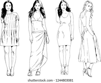vector drawings on the theme of beautiful slim sporty girl in casual clothes in various poses painted ink hand sketch with no background