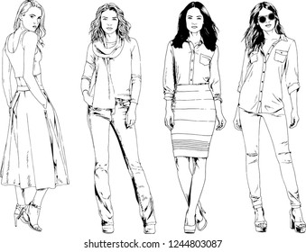 vector drawings on the theme of beautiful slim sporty girl in casual clothes in various poses painted ink hand sketch with no background
