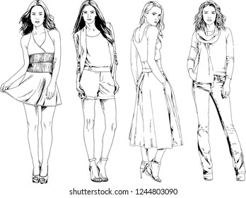 vector drawings on the theme of beautiful slim sporty girl in casual clothes in various poses painted ink hand sketch with no background