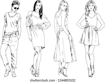 vector drawings on the theme of beautiful slim sporty girl in casual clothes in various poses painted ink hand sketch with no background