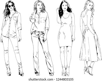 vector drawings on the theme of beautiful slim sporty girl in casual clothes in various poses painted ink hand sketch with no background